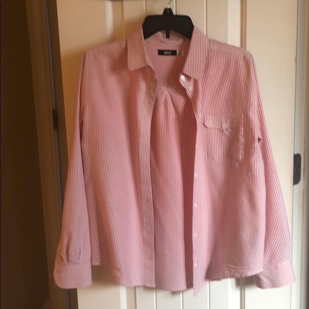 Button up pink pin-striped shirt, Women’s Med.